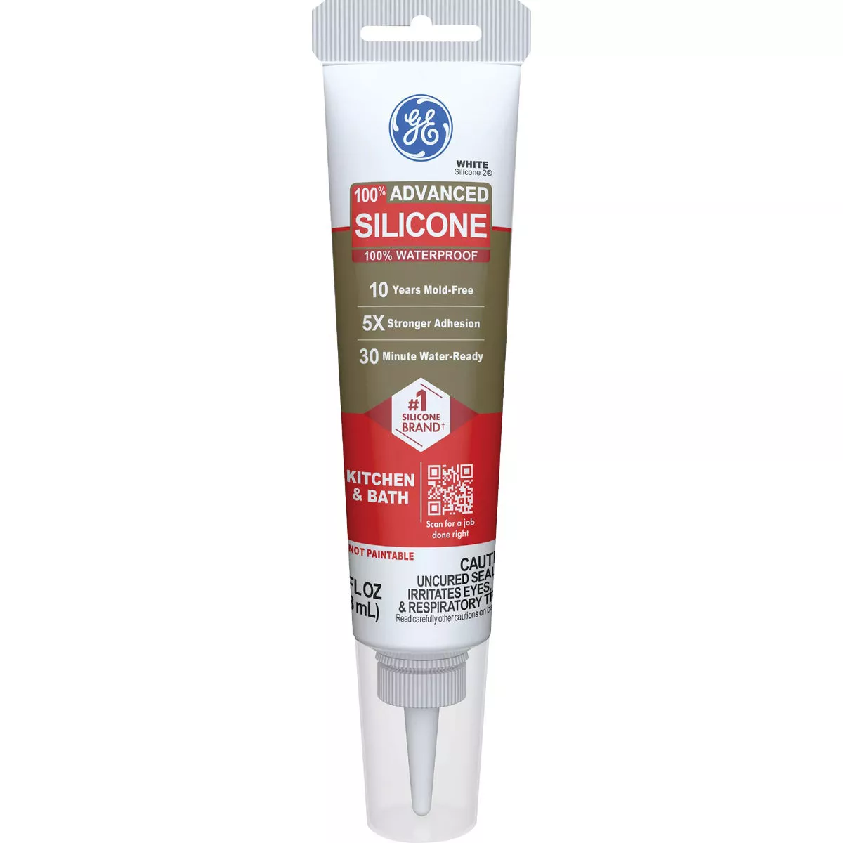 GE Advanced Silicone Kitchen & Bath Sealant, White, 2.8 Oz. Tube
