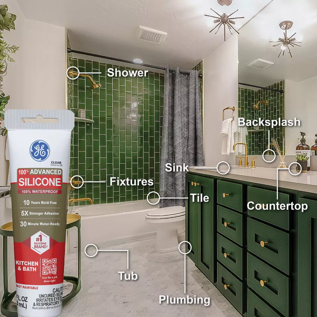 GE Advanced Silicone Kitchen & Bath Sealant, Clear, 2.8 Oz. Tube - photo 3