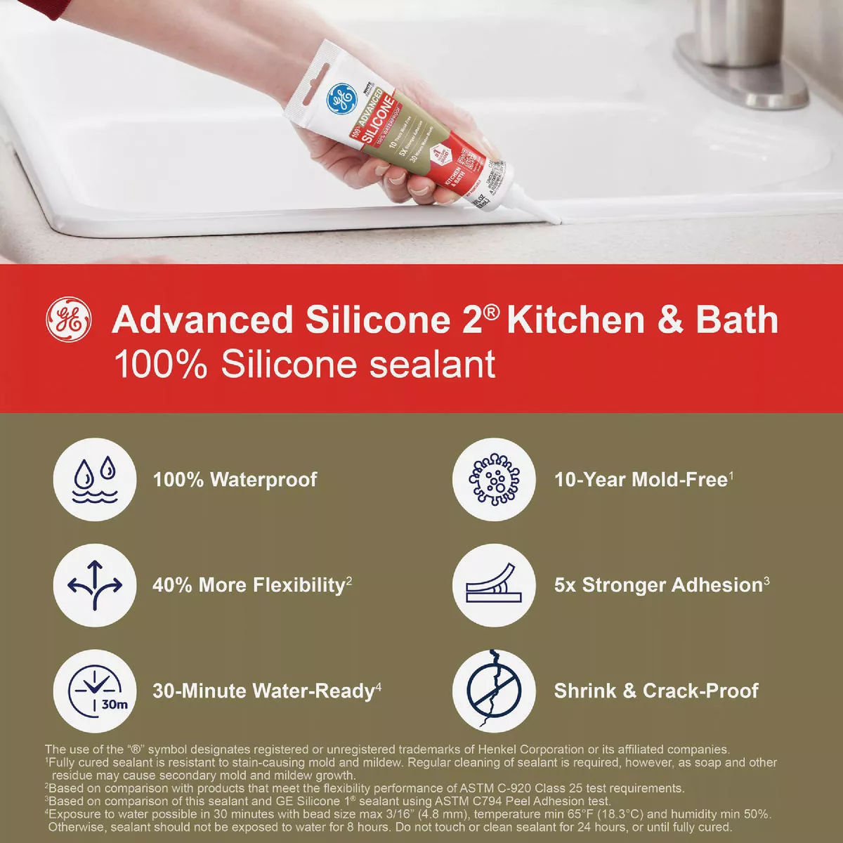GE Advanced Silicone Kitchen & Bath Sealant, Clear, 2.8 Oz. Tube - photo 4