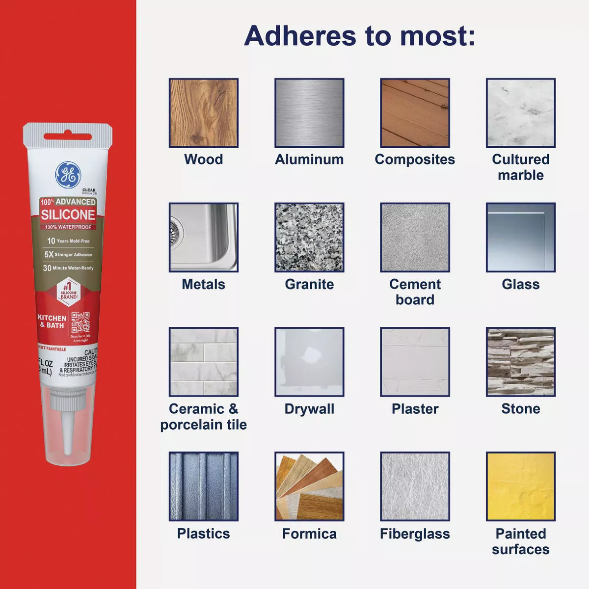 GE Advanced Silicone Kitchen & Bath Sealant, Clear, 2.8 Oz. Tube - photo 5