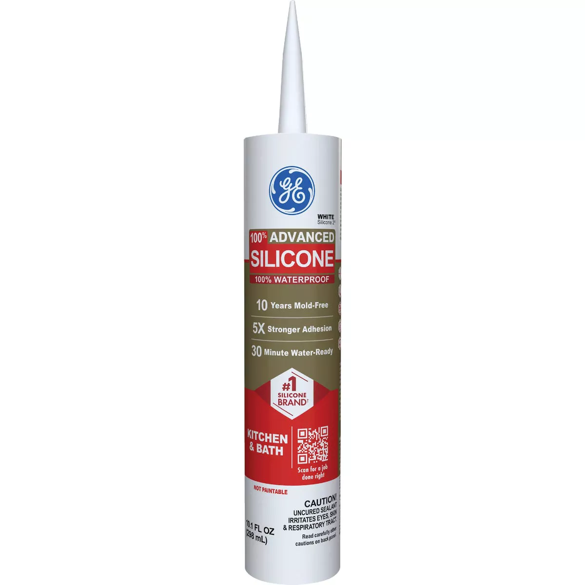 GE Advanced Silicone Kitchen & Bath Sealant, White, 10.1 Oz. Cartridge