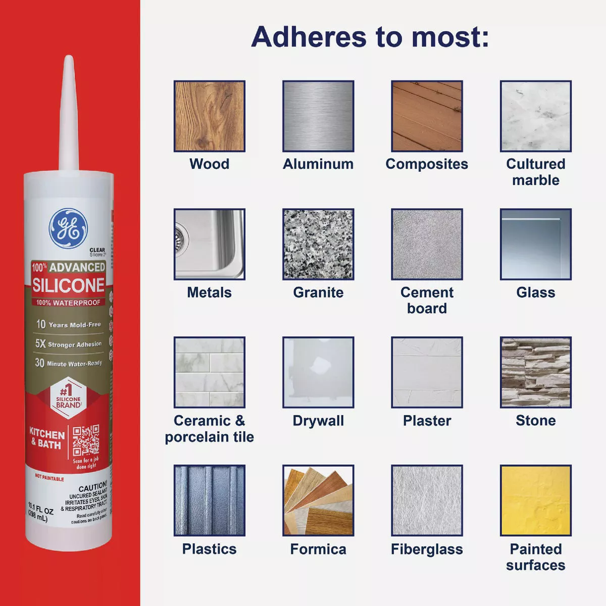 GE Advanced Silicone Kitchen & Bath Sealant, White, 10.1 Oz. Cartridge - photo 7