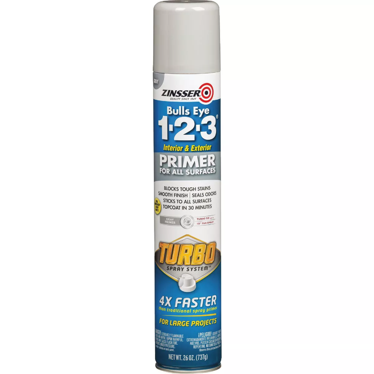 Zinsser 26 Oz. Bulls Eye 1-2-3 Primer Spray with Turbo Spray System, Flat Gray - photo 2