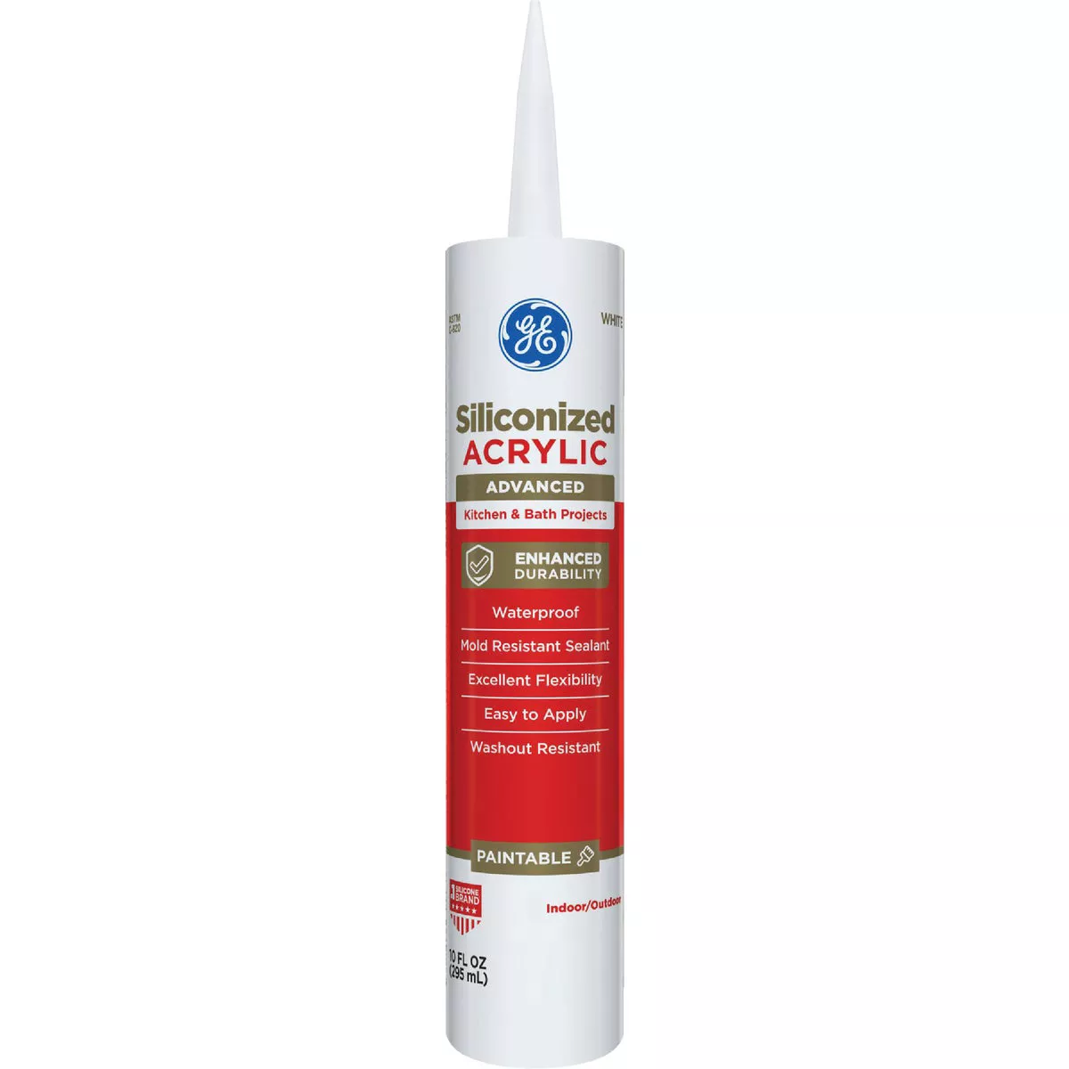GE Siliconized Acrylic Kitchen & Bath Sealant, White, 10 Oz. Cartridge