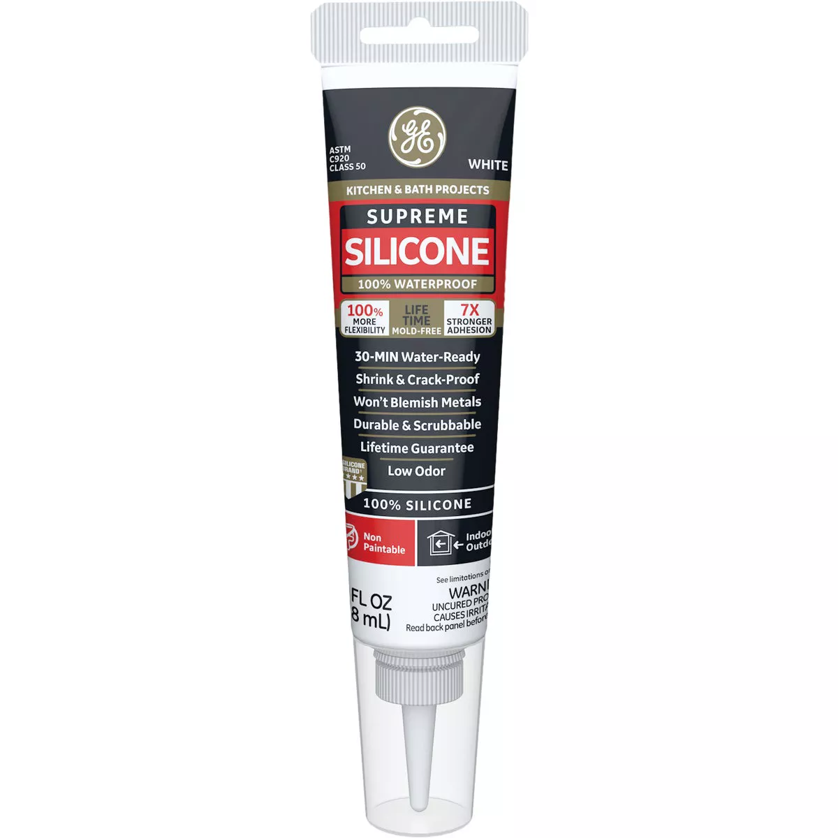GE Supreme Silicone Kitchen & Bath Sealant, White, 2.8 Oz. Tube