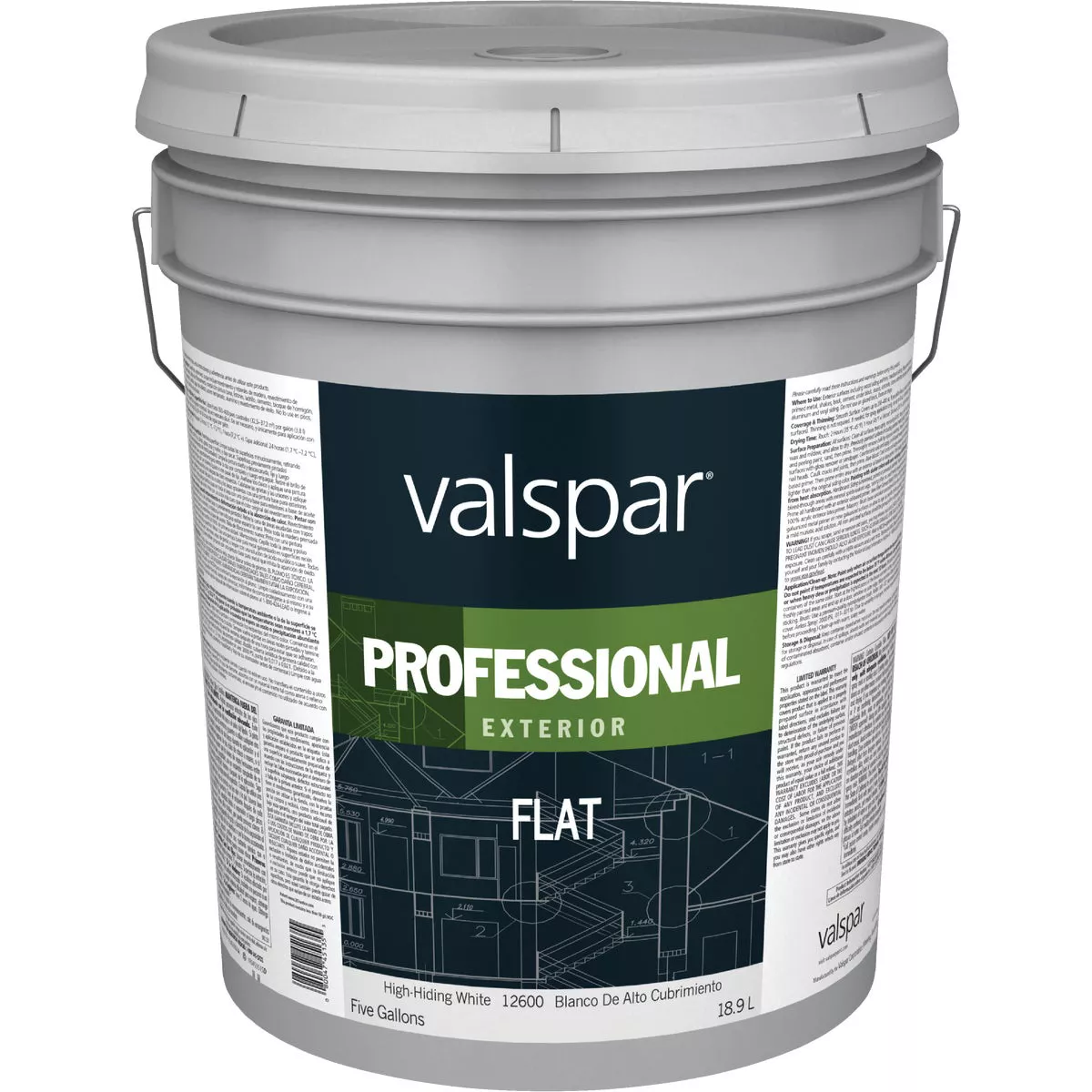 Valspar Professional 100% Acrylic Flat Exterior House Paint, White, 5 Gal.