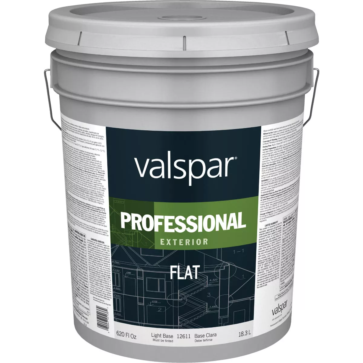 Valspar Professional 100% Acrylic Flat Exterior House Paint, Light Base, 5 Gal.