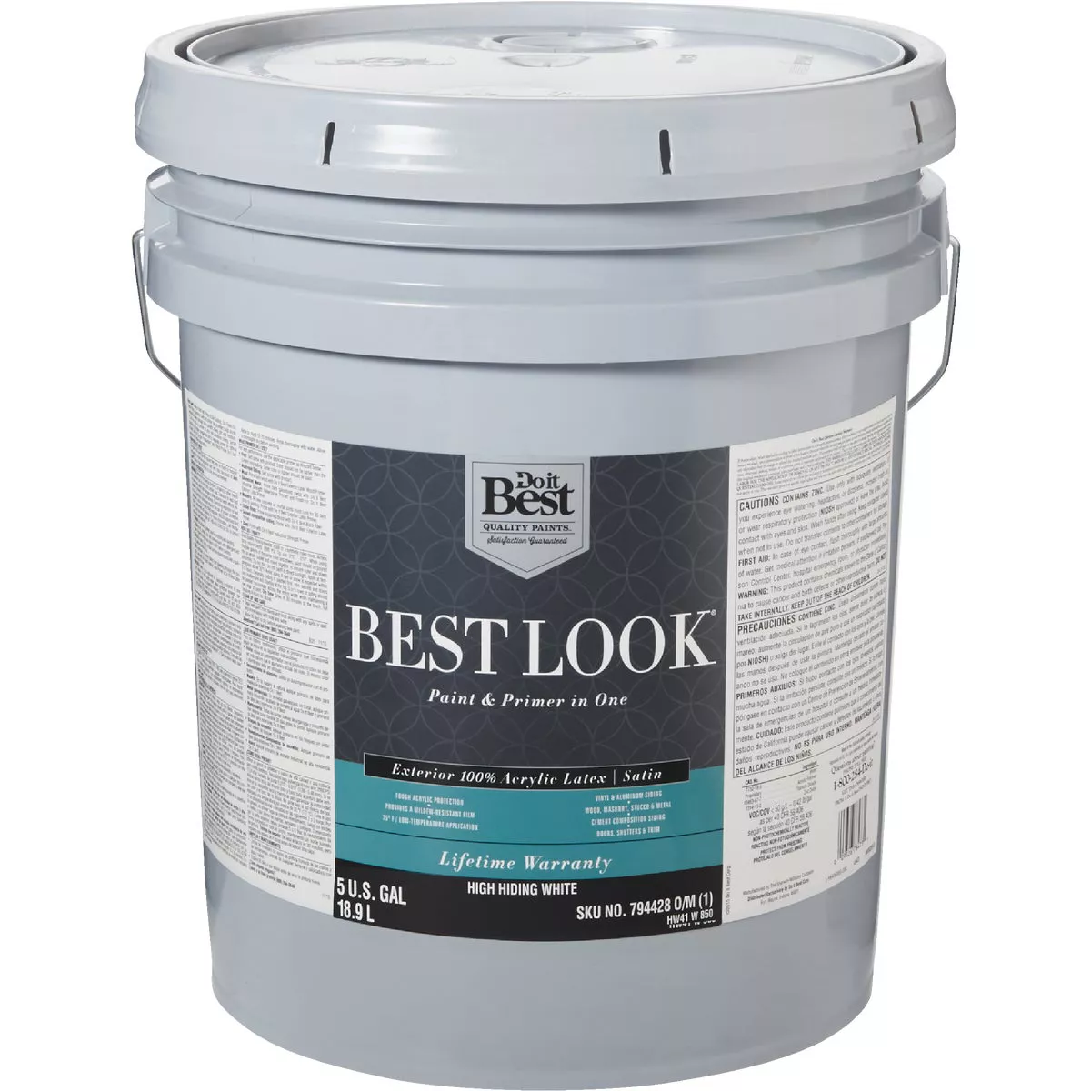 Best Look 100% Acrylic Latex Premium Paint & Primer In One Satin Exterior House Paint, High Hiding White, 5 Gal.
