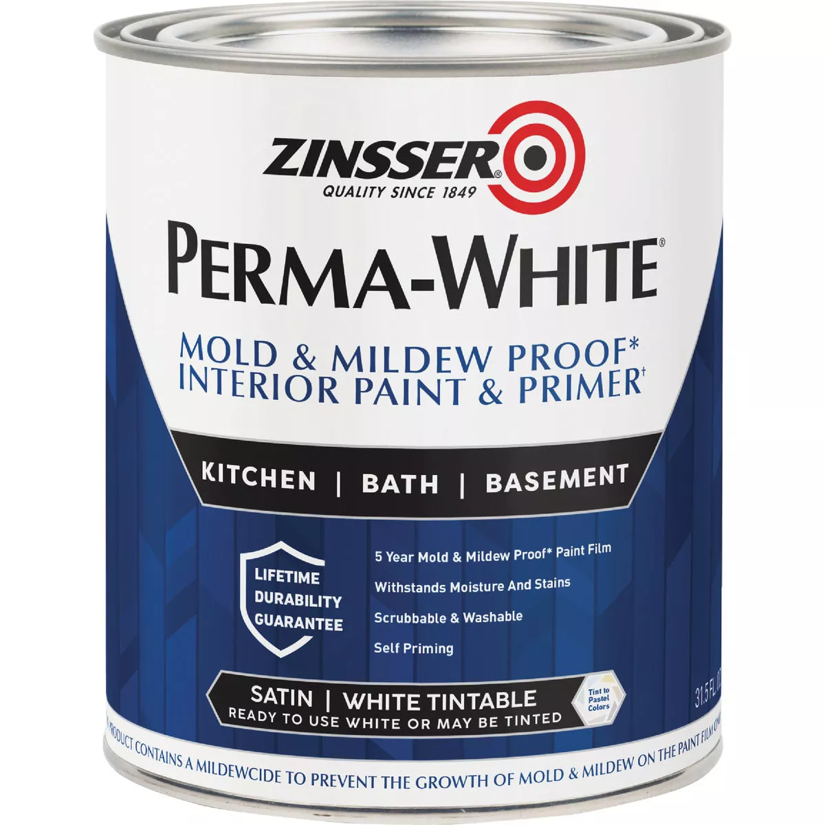 Zinsser Perma-White White-Tintable Satin Quart Mildew Paint