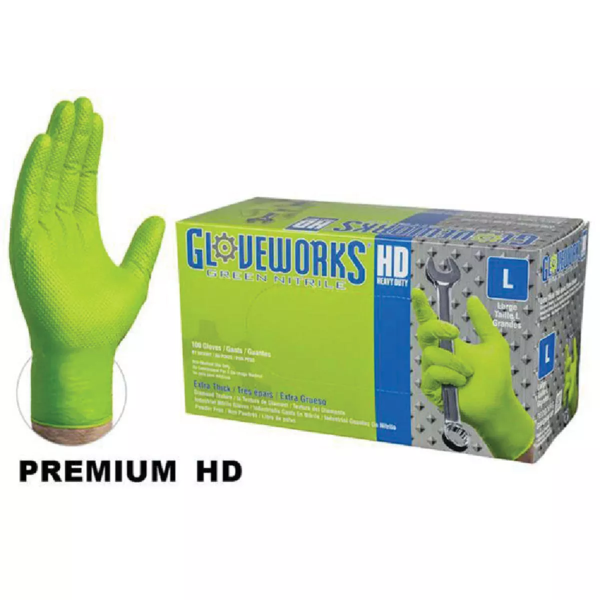 Ammex Gloveworks Nitrile Heavy Duty Green Large 8 Mil. Disposable Gloves (100 Per Box), 021-664-