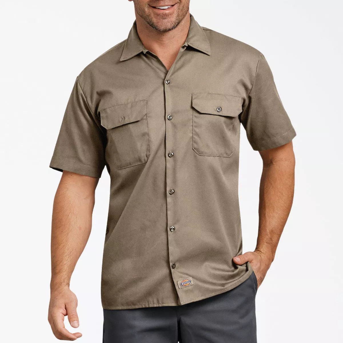 Dickies Men's XL Desert Sand Short Sleeve Button-Down Work Shirt, Relaxed Fit