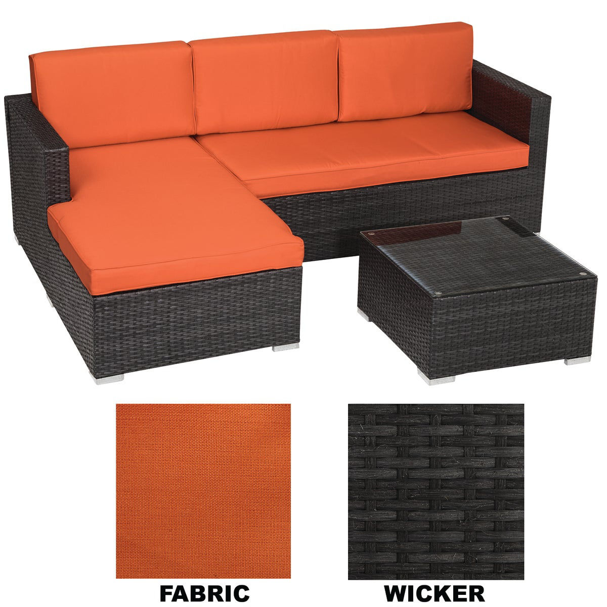 Malibu 3 Seat Outdoor Patio Sectional Set with Orange Cushions and