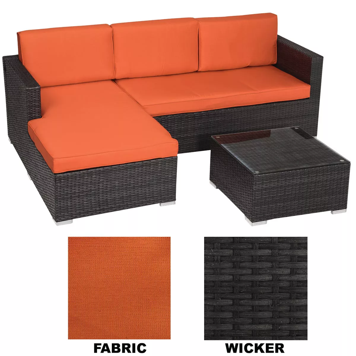 Malibu 3 Seat Outdoor Patio Sectional Set with Orange Cushions and Coffee Table