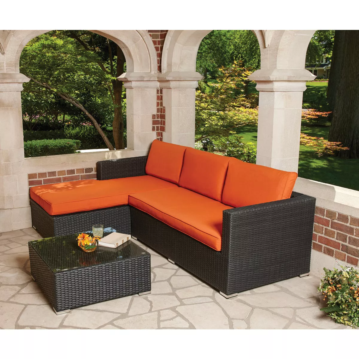 Malibu 3 Seat Outdoor Patio Sectional Set with Orange Cushions and Coffee Table - photo 3