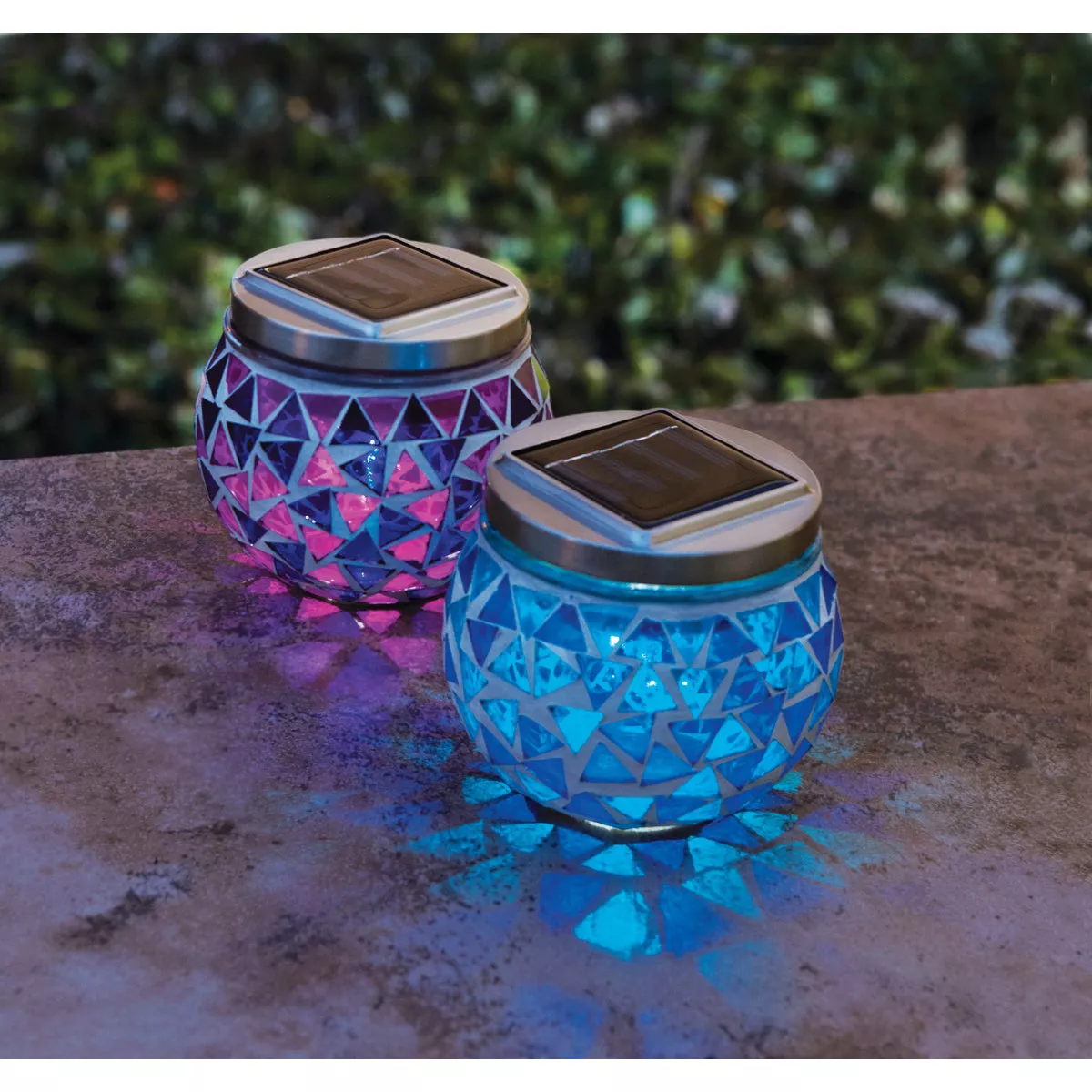 Outdoor Expressions 3.5 In. H. x 3.5 In. Dia. Blue or Purple Tile Tabletop Solar Patio Light - photo 7
