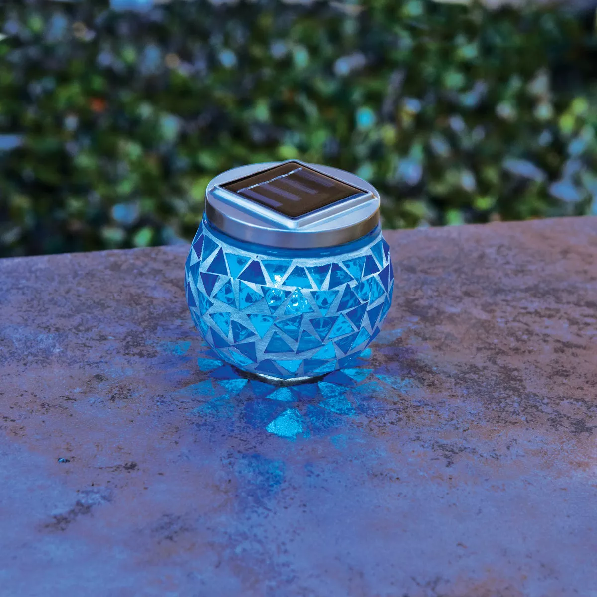 Outdoor Expressions 3.5 In. H. x 3.5 In. Dia. Blue or Purple Tile Tabletop Solar Patio Light - photo 9