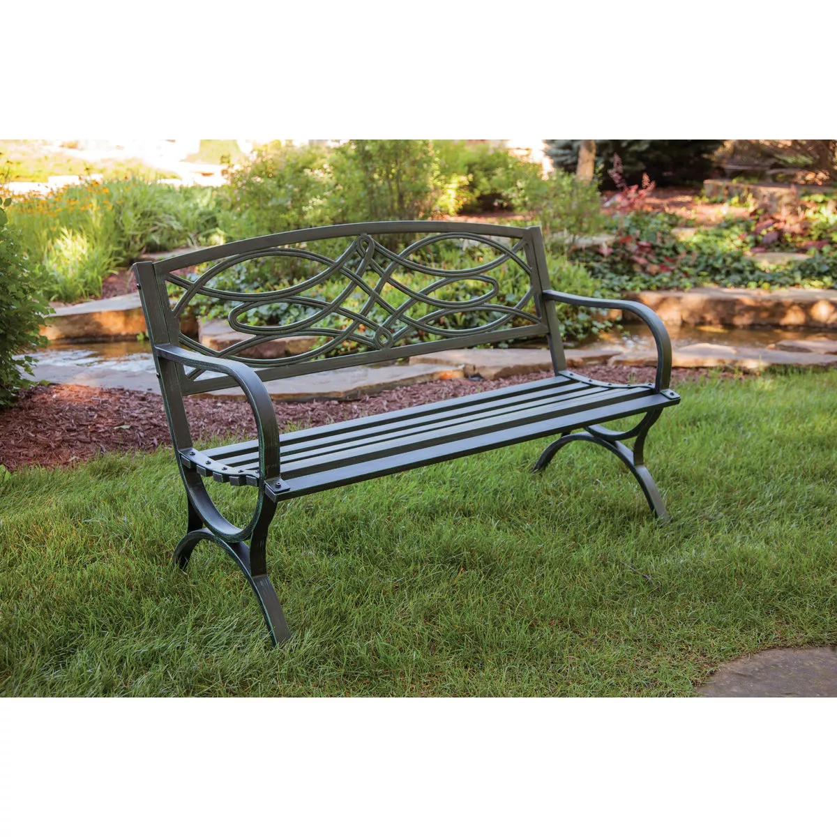 Outdoor Expressions 50.5 In. L. Green Finished Steel Scroll Bench - photo 3