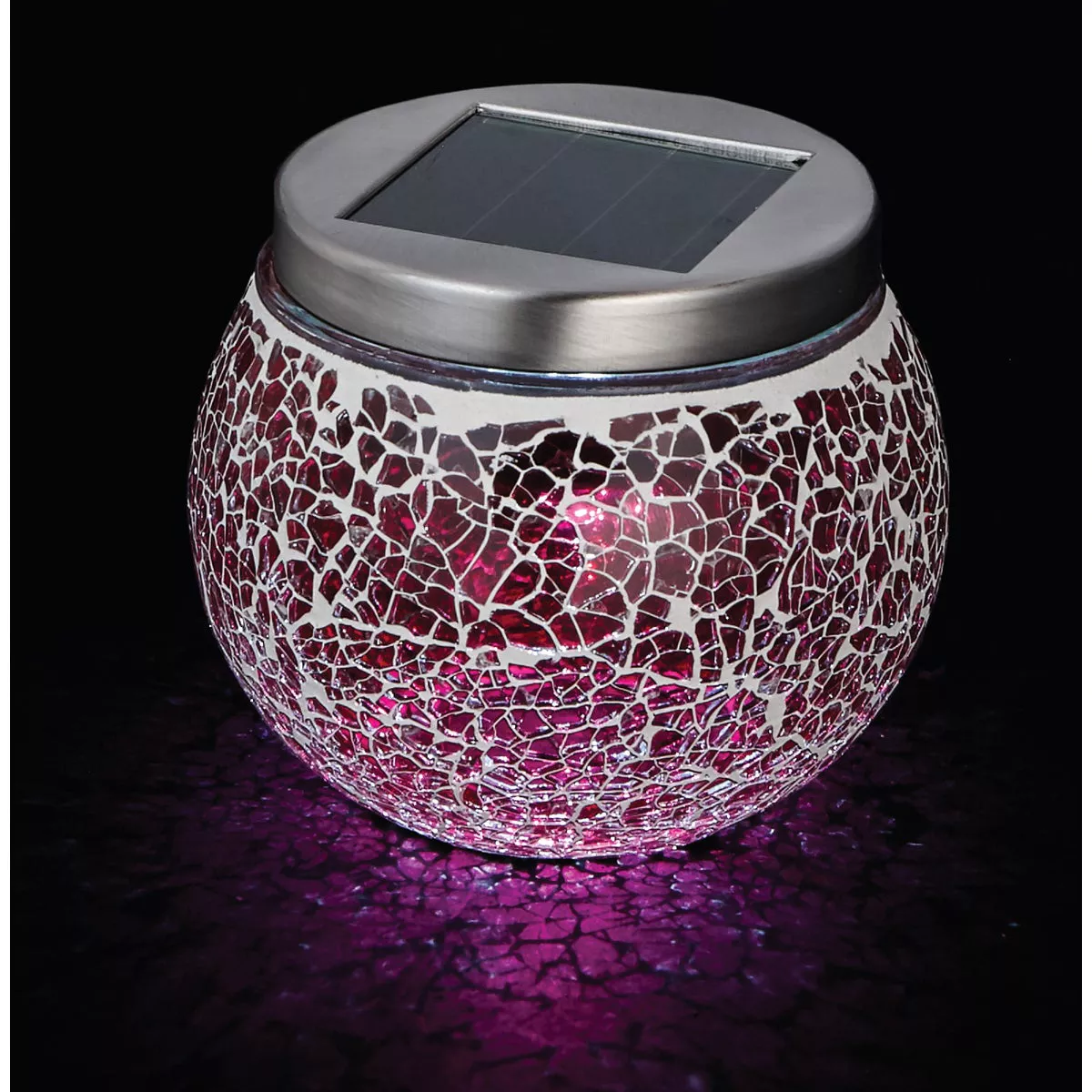 Outdoor Expressions 3.5 In. H. x 3.5 In. Dia. Green, Red, or Purple Crackled Glass Tabletop Solar Patio Light - photo 2