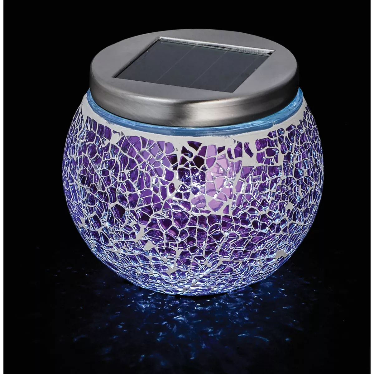Outdoor Expressions 3.5 In. H. x 3.5 In. Dia. Green, Red, or Purple Crackled Glass Tabletop Solar Patio Light - photo 4