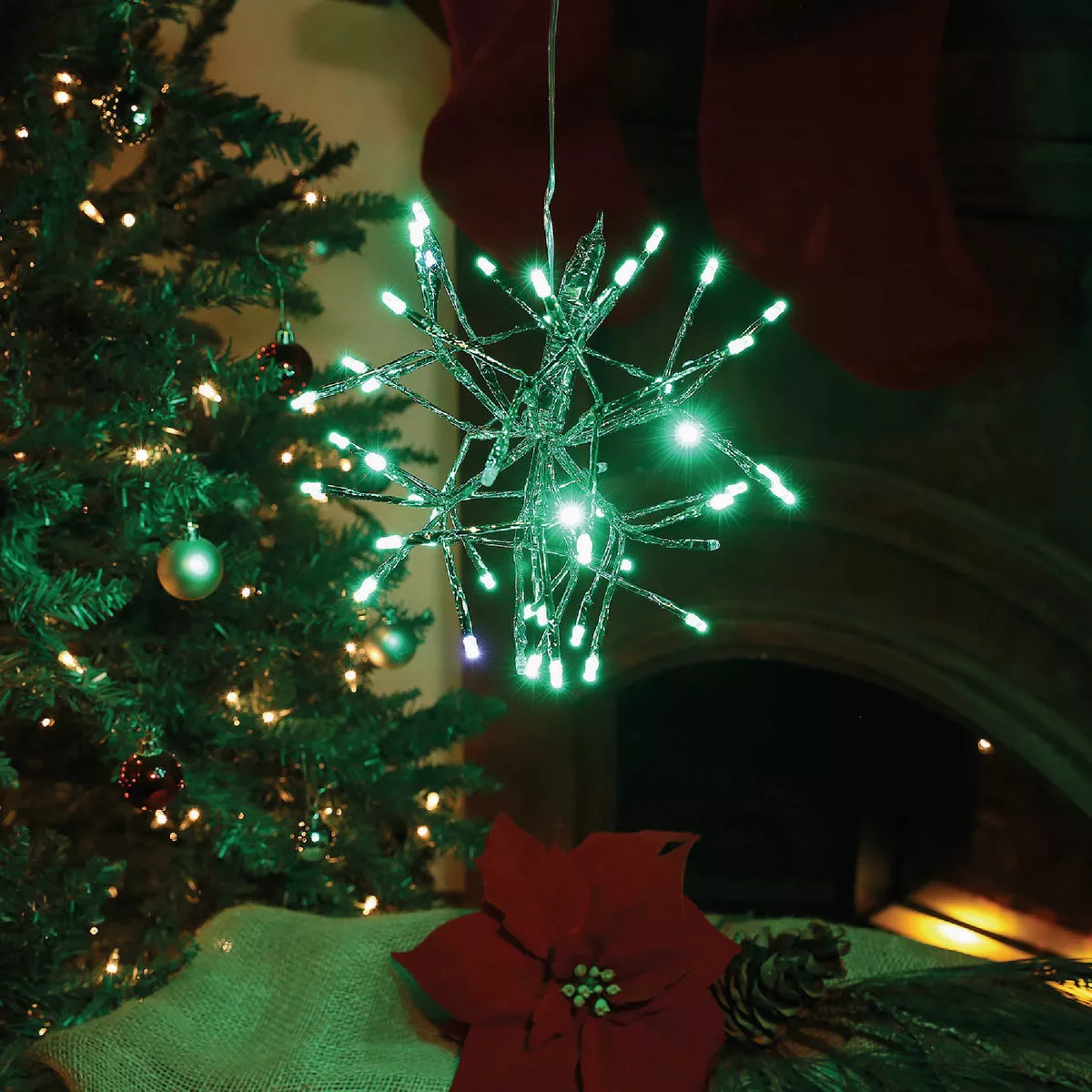Alpine 10 In. LED 48-Bulb Green Hanging Twig Snowflake Ornament Light Decoration - photo 3