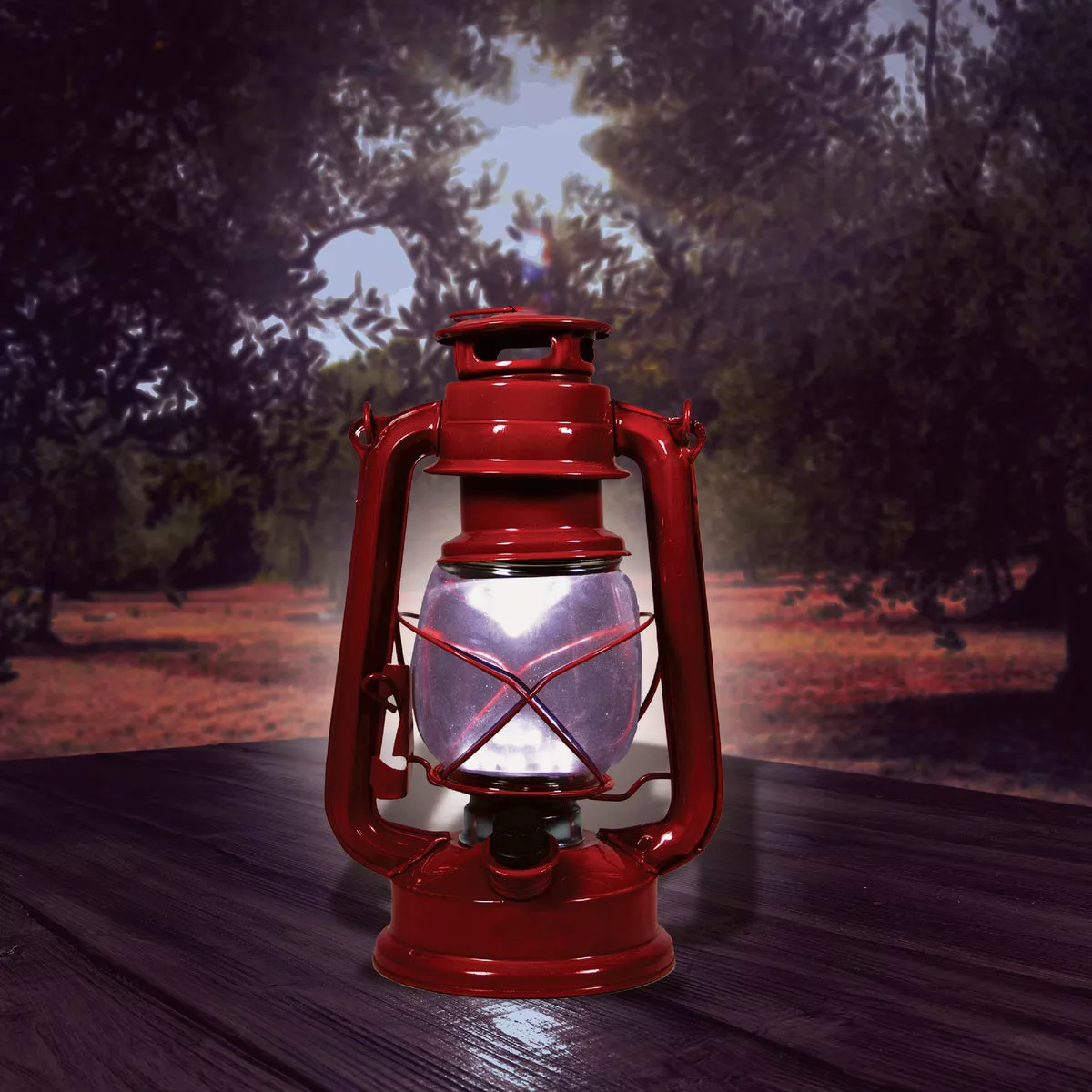 Alpine 5 In. W. x 9 In. H. x 6 In. L. Red Cool White LED Hurricane Patio Lantern - photo 2