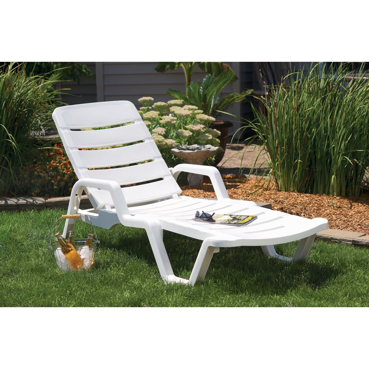 White stackable plastic discount stationary chaise lounge chair