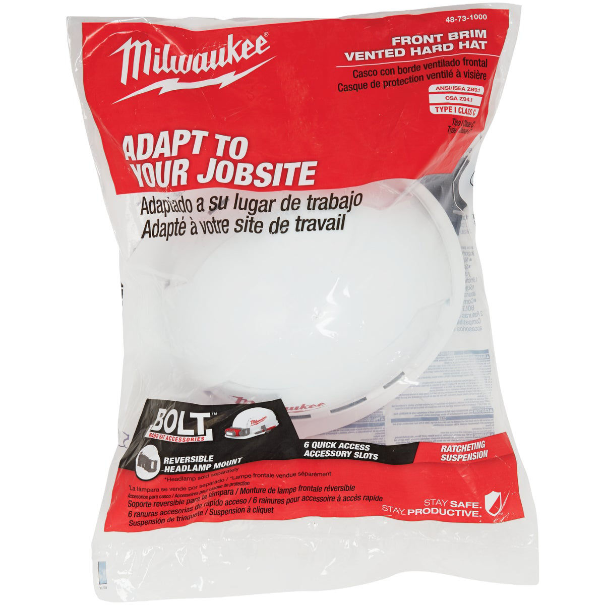 Milwaukee white front brim vented ratcheting type 1 class c hard hat