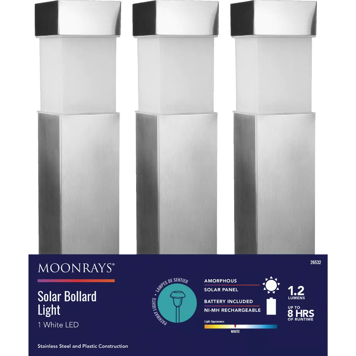 Moonrays Stainless Steel 1.2 Lm. Metal Square Bollard Solar Path Light