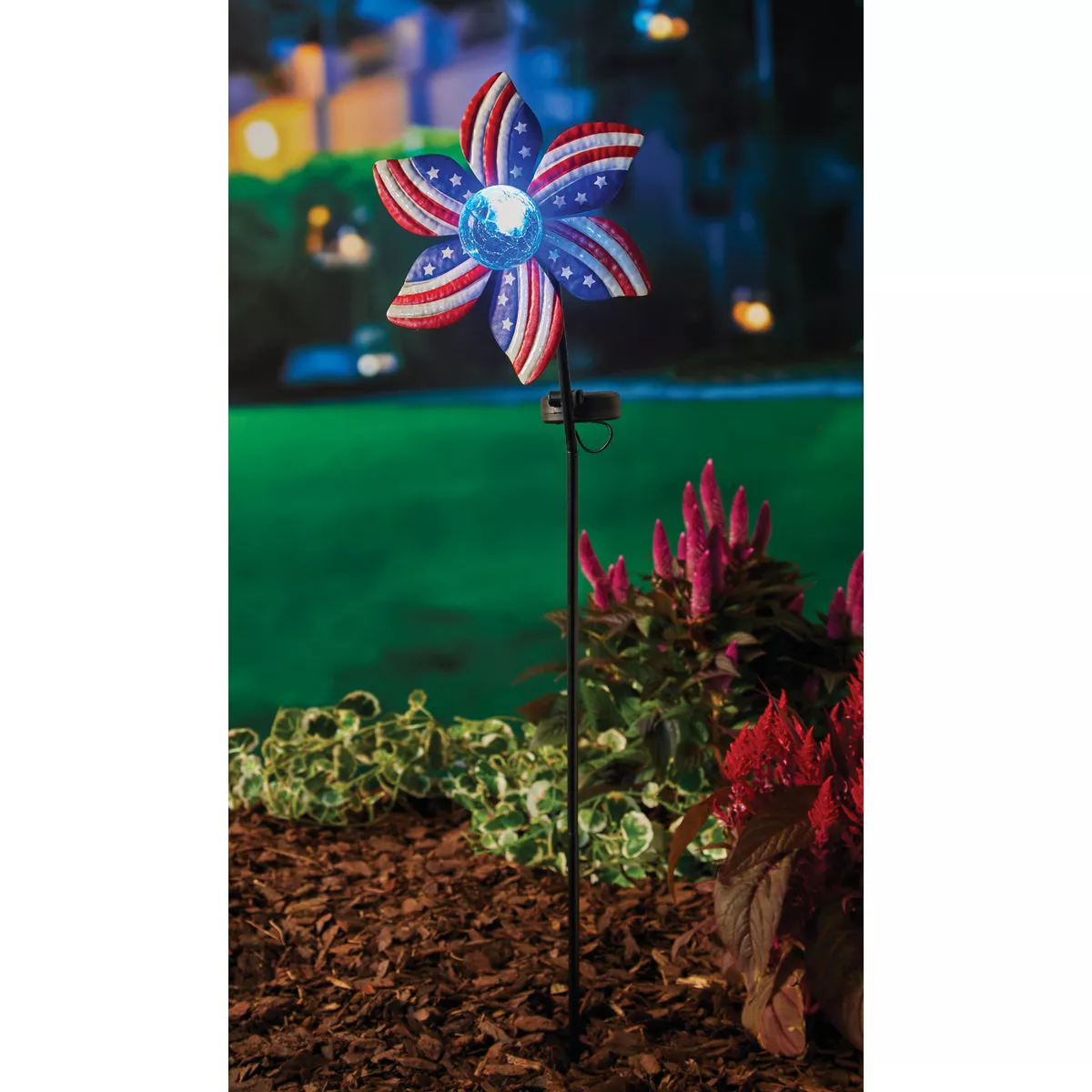Gerson Spring GIL Metal Wind Spinner & Crackle Glass Solar Globe 34.5 In. H. American Stake Light - photo 2