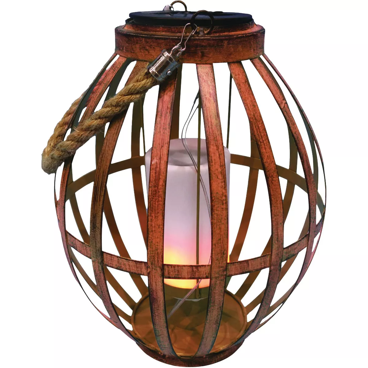 Alpine 8 In. W. x 19 In. H. x 8 In. L. Brown Iron Flickering LED Solar Patio Lantern