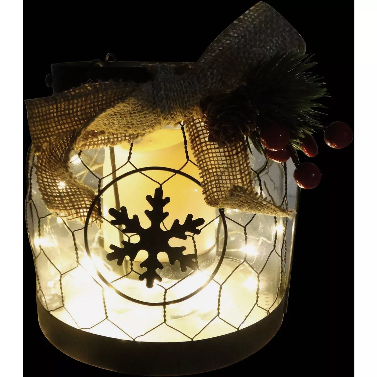 Alpine 7 In. W. x 6 In. H. x 7 In. L. LED Snowflake Lantern with Chicken Wire Holiday Decoration - photo 3