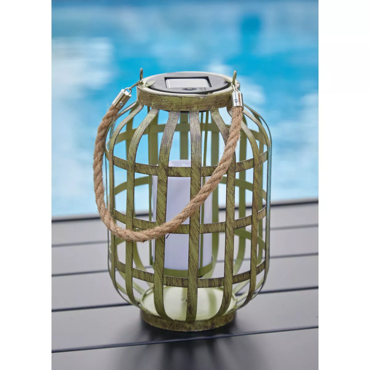 Alpine 7 In. W. x 18 In. H. x 7 In. L. Green Iron Flickering LED Solar Patio Lantern - photo 3