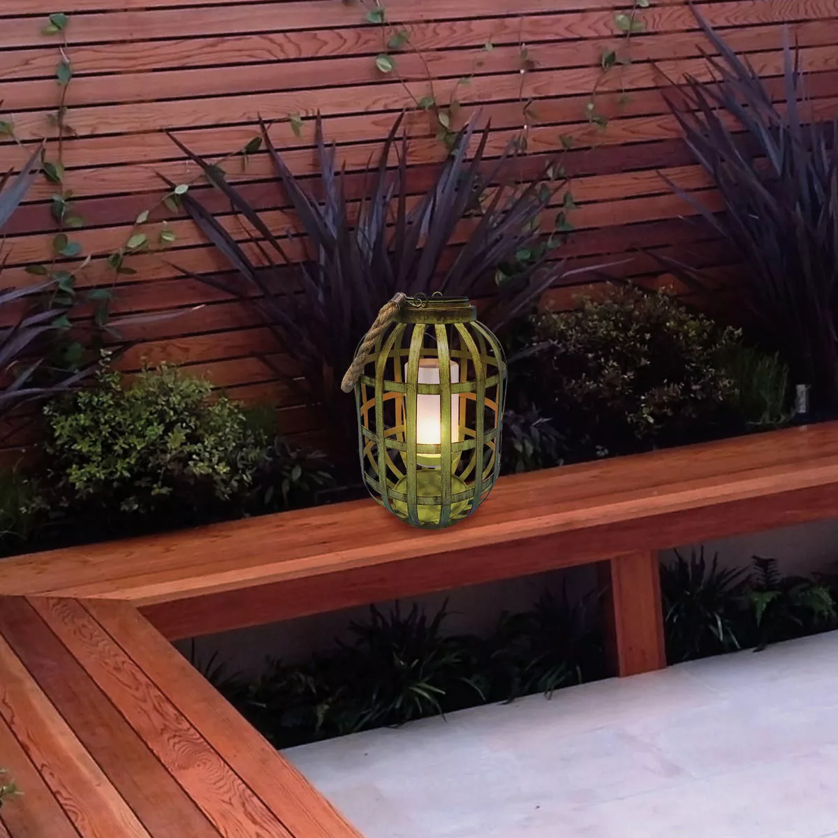 Alpine 7 In. W. x 18 In. H. x 7 In. L. Green Iron Flickering LED Solar Patio Lantern - photo 4
