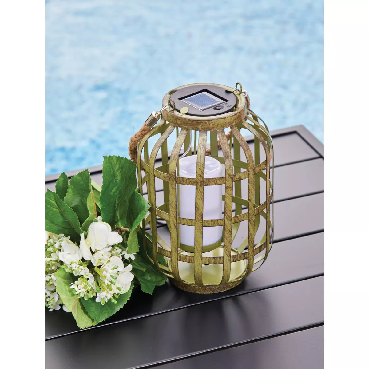Alpine 7 In. W. x 18 In. H. x 7 In. L. Green Iron Flickering LED Solar Patio Lantern - photo 2