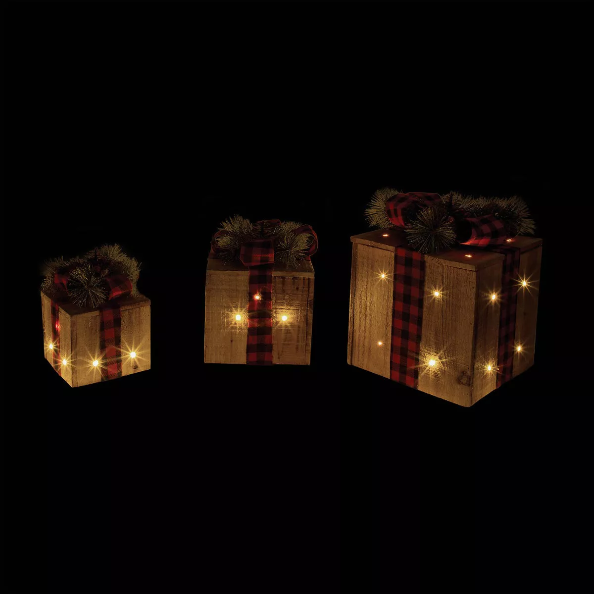 Alpine Warm White LED Rustic Wood with Red Plaid Ribbon Christmas Gift Box Set (3-Piece) - photo 3
