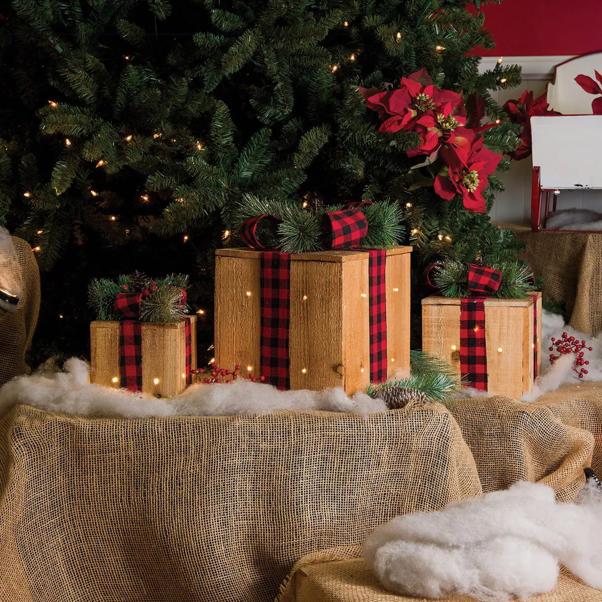 Alpine Warm White LED Rustic Wood with Red Plaid Ribbon Christmas Gift Box Set (3-Piece) - photo 2