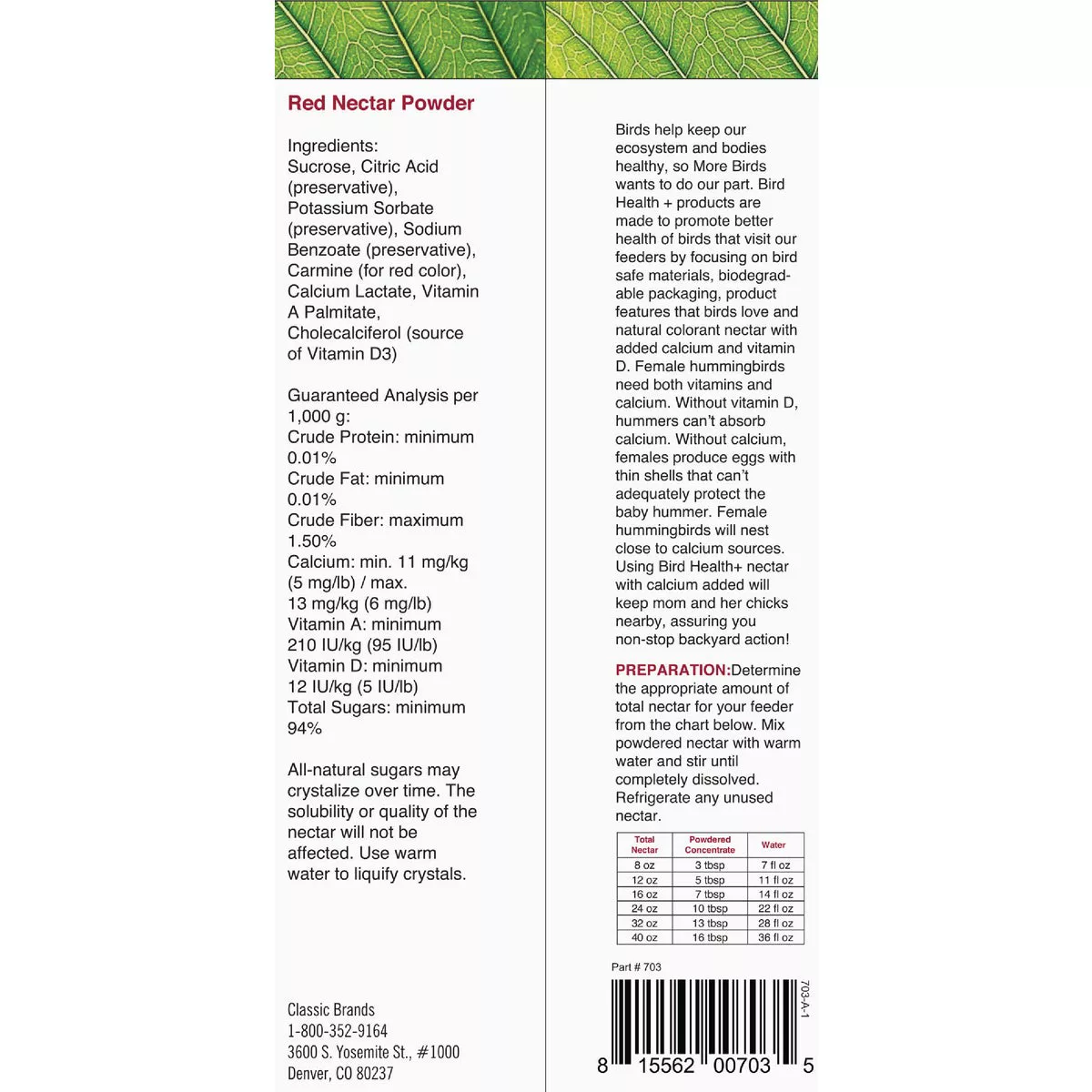 Classic Birds More Birds Bird Health+ 8 Oz. Powder Concentrate Red Hummingbird Nectar - photo 2