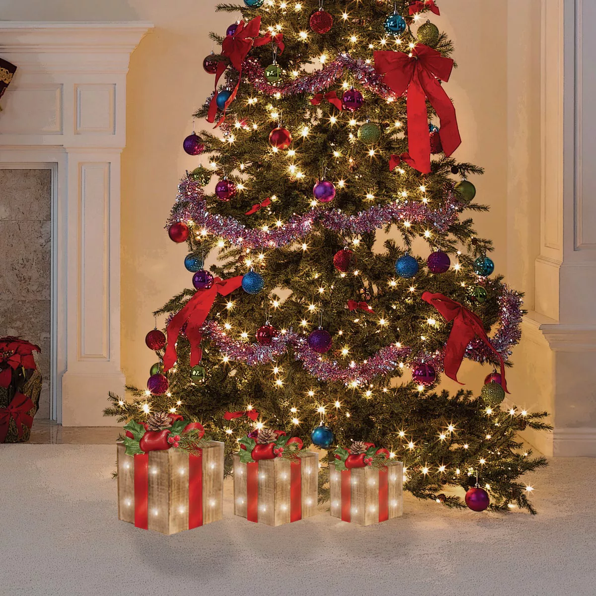 Alpine Warm White LED Rustic Wood with Red Ribbon Christmas Gift Box Set (3-Piece) - photo 2