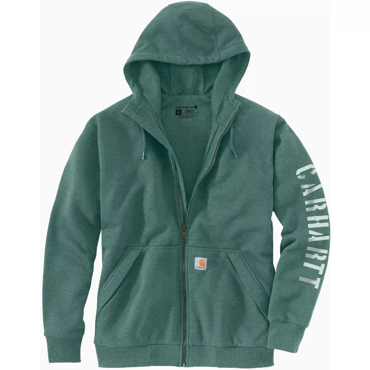 Carhartt Rain Defender Men's 2XL Regular Slate Green Heather Fleece-Lined Logo Graphic Full Zip Sweatshirt, Loose Fit