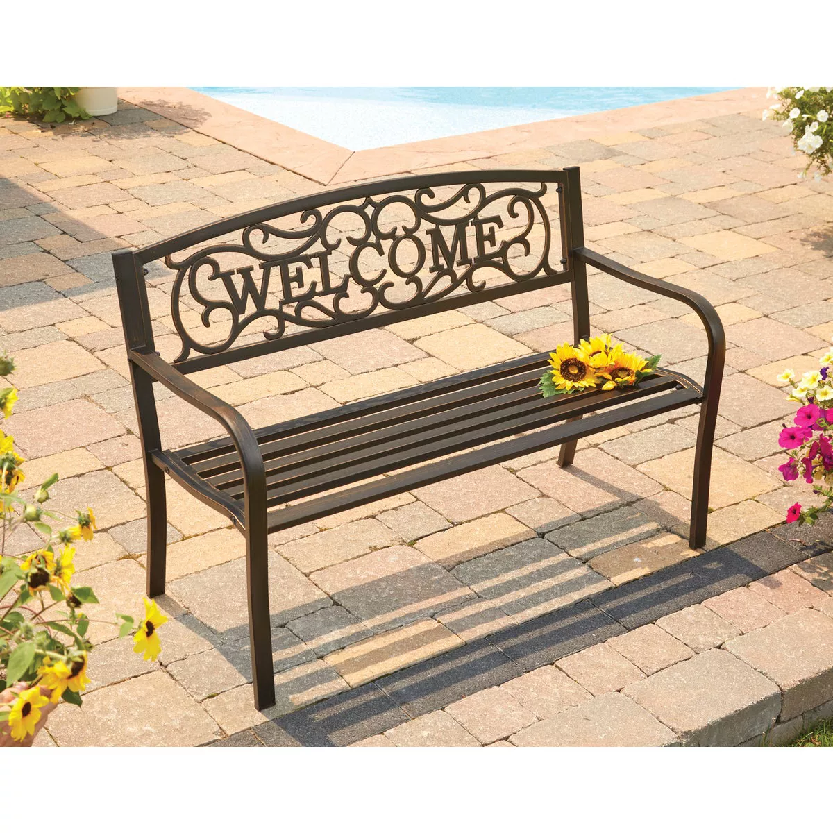 Outdoor Expressions 50 In. Black Steel Welcome Steel Bench - photo 2