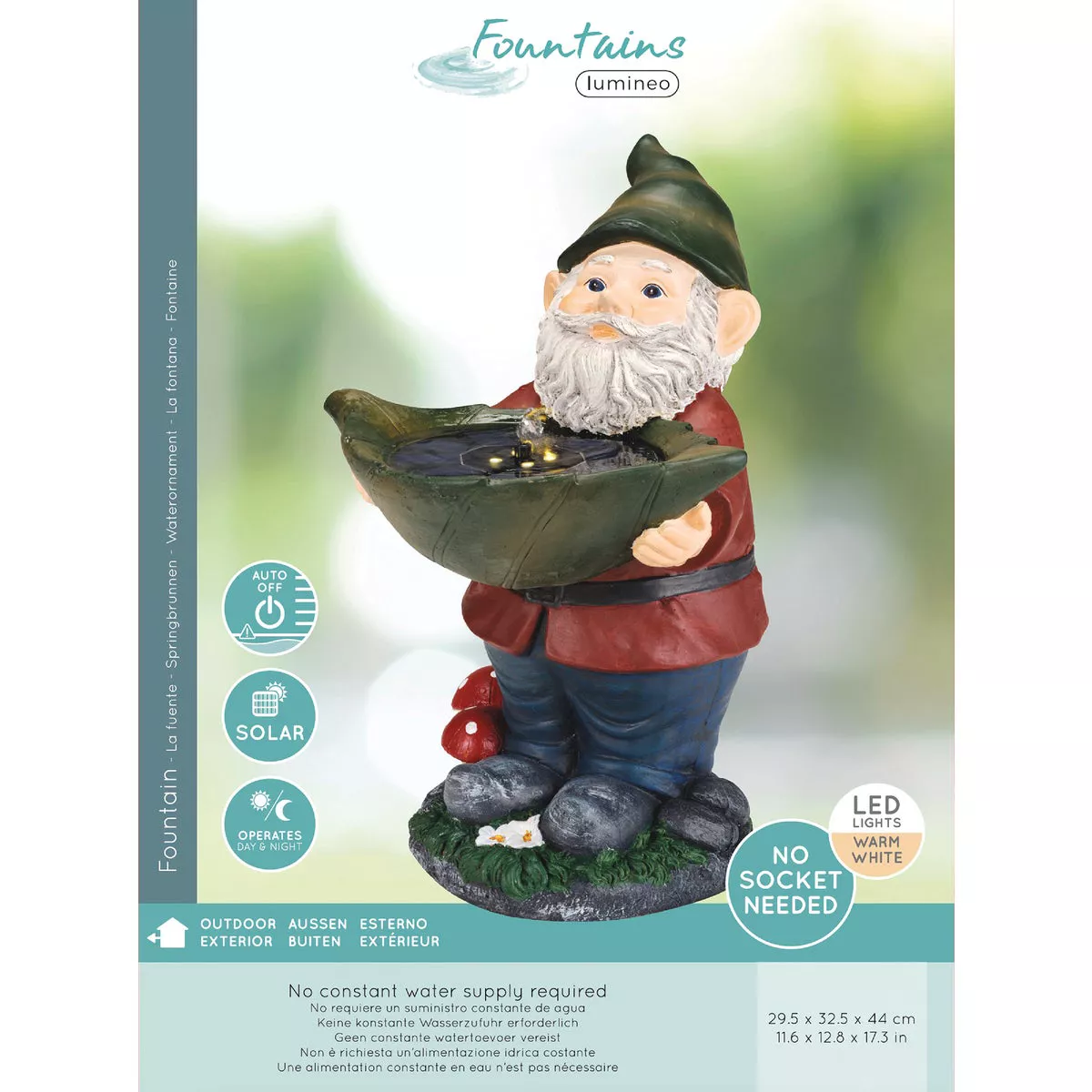 Lumineo 12.8 In. W. x 17.3 In. H. x 11.6 In. L. Glassfiber Reinforced Concrete Gnome Solar Fountain - photo 2