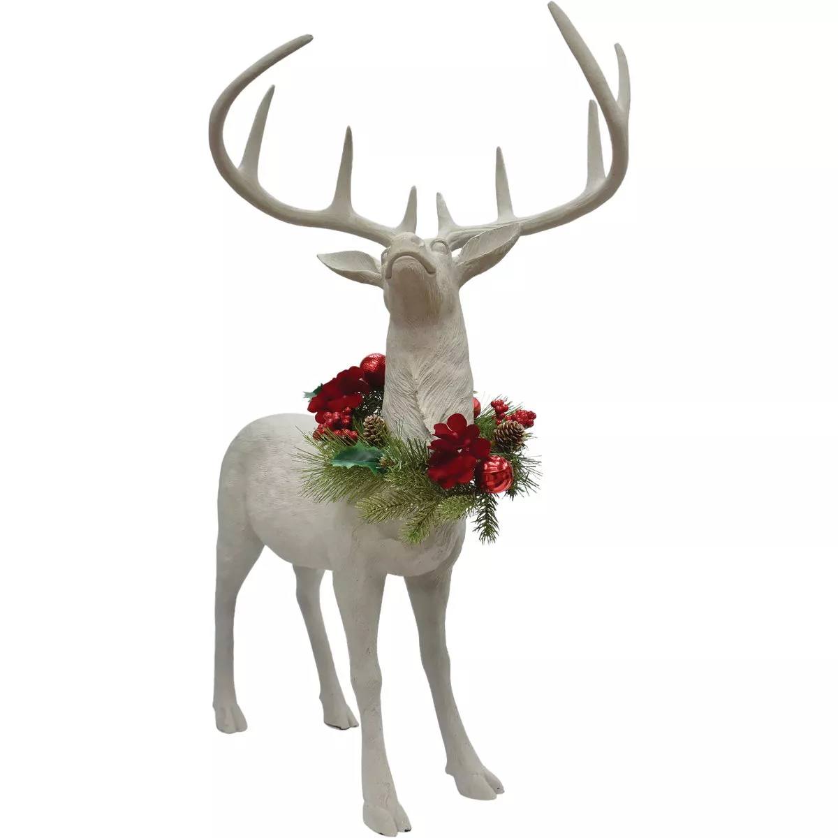 34 In. White Standing Deer with Removeable Floral Wreath