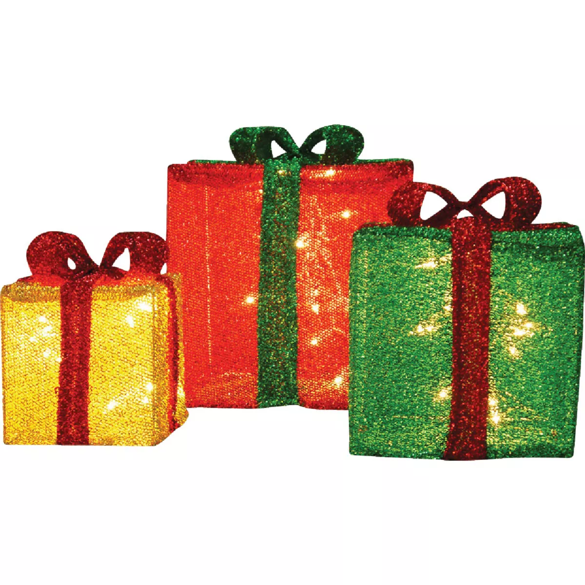 Candy Cane Lane 12 In./10 In./8 In. LED 3D Tinsel Presents Holiday Yard Art