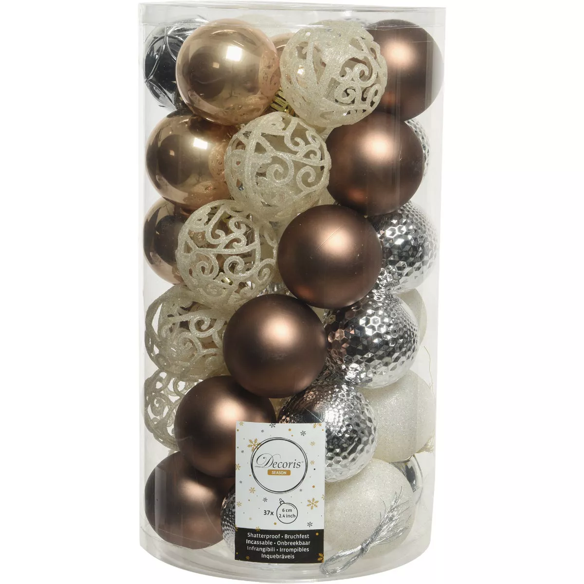 Decoris 2.4 In. Shatterproof Butterscotch, Silver, Walnut, & Wool White Bauble Christmas Ornament (37-Pack)