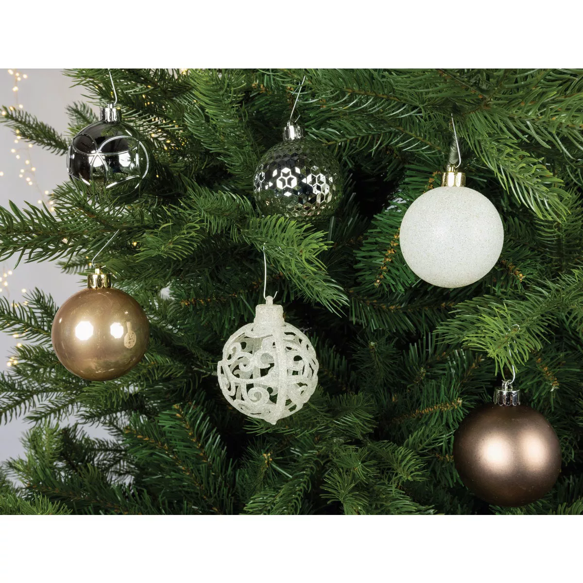 Decoris 2.4 In. Shatterproof Butterscotch, Silver, Walnut, & Wool White Bauble Christmas Ornament (37-Pack) - photo 2
