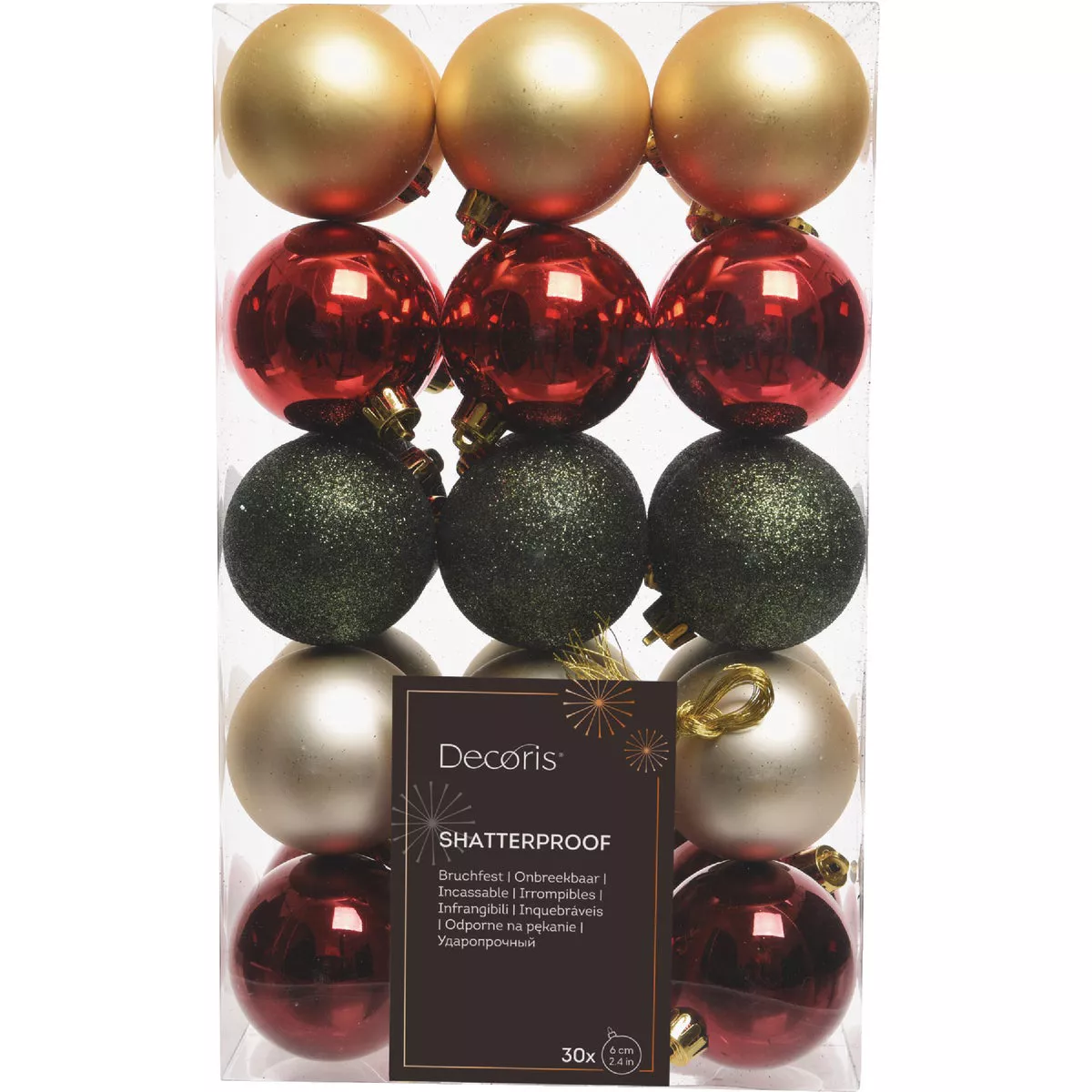 Decoris 2.4 In. Shatterproof Red/Green/Gold Bauble Christmas Ornament (30-Pack) - photo 2