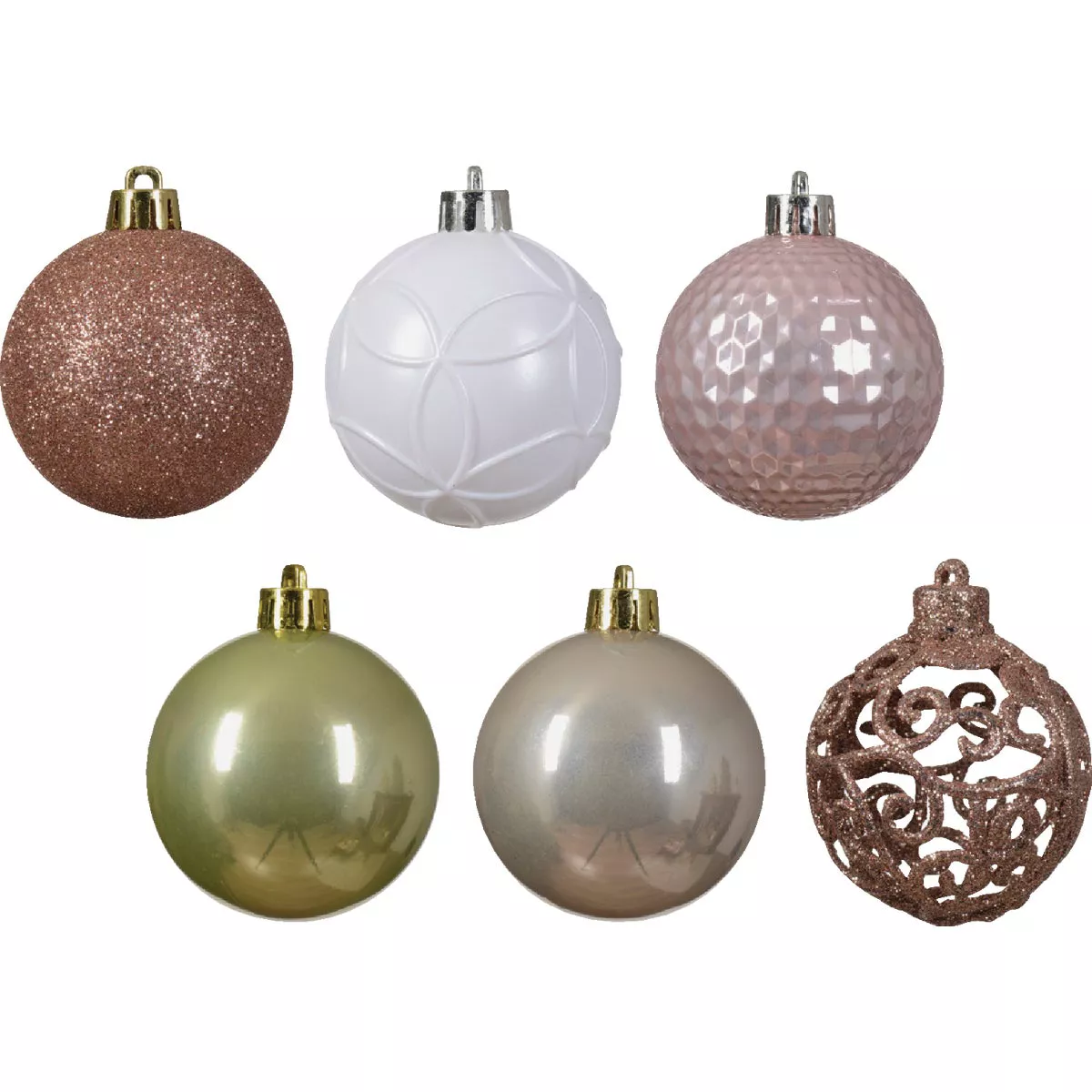 Decoris 2.4 In. Shatterproof Pearl, Sparkling Rose, Pistachio, Winter White, Blush Pink Bauble Christmas Ornament (37-Pack) - photo 2