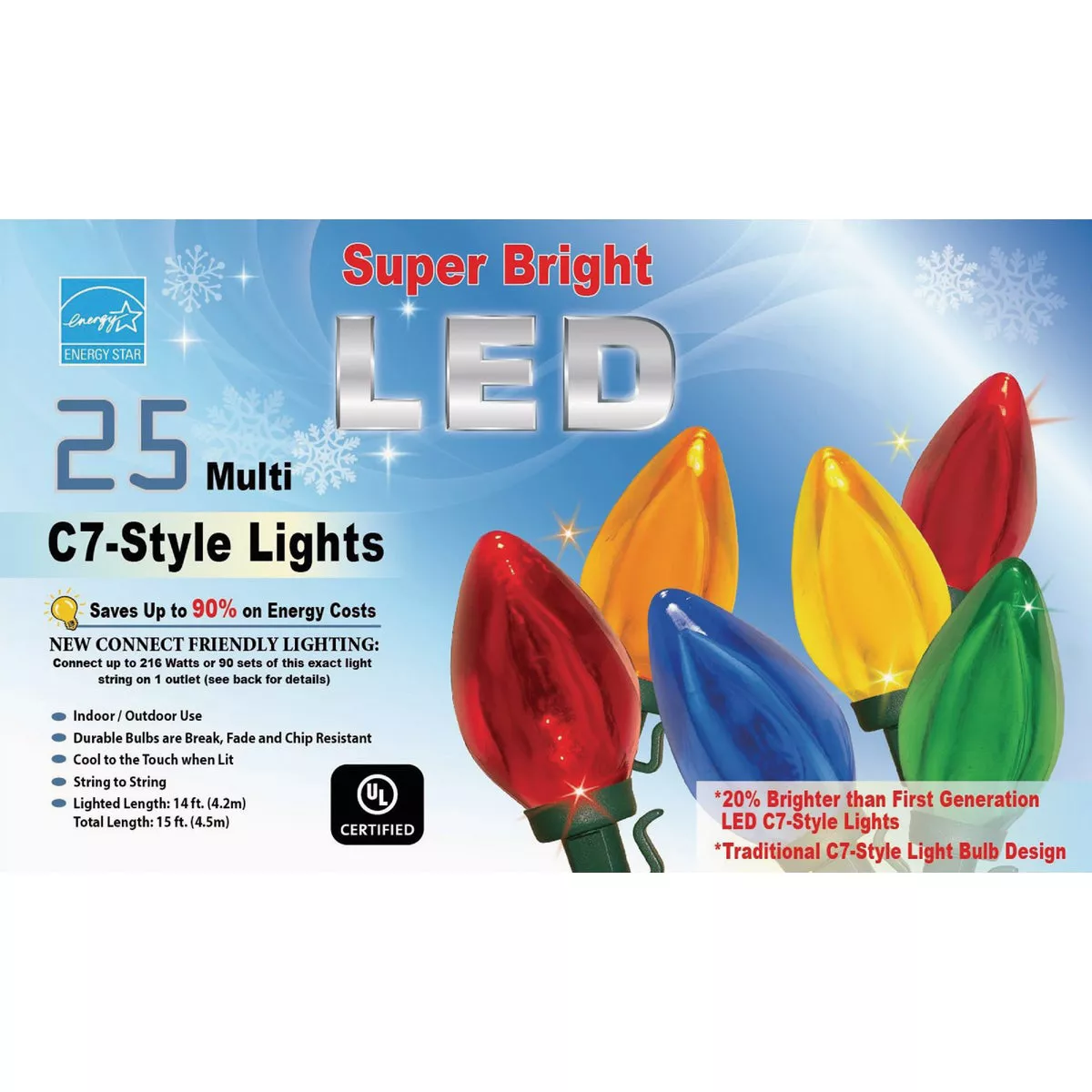 Super Bright Transparent Multi 25-Bulb C7 LED String Light Set with Green Wire - photo 2