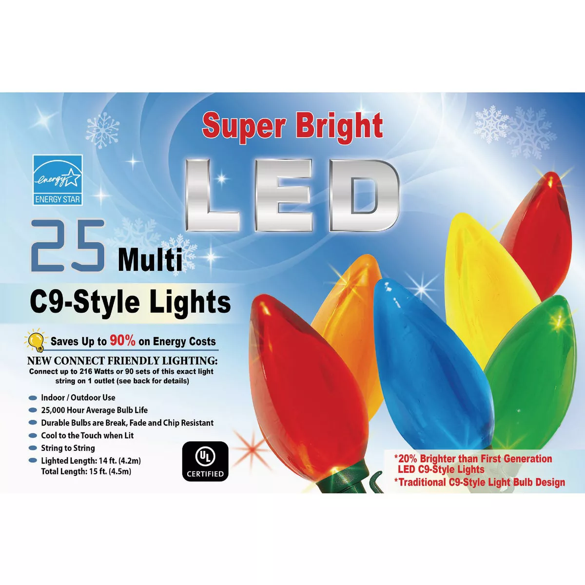 Super Bright Transparent Multi 25-Bulb C9 LED String Light Set with Green Wire - photo 2