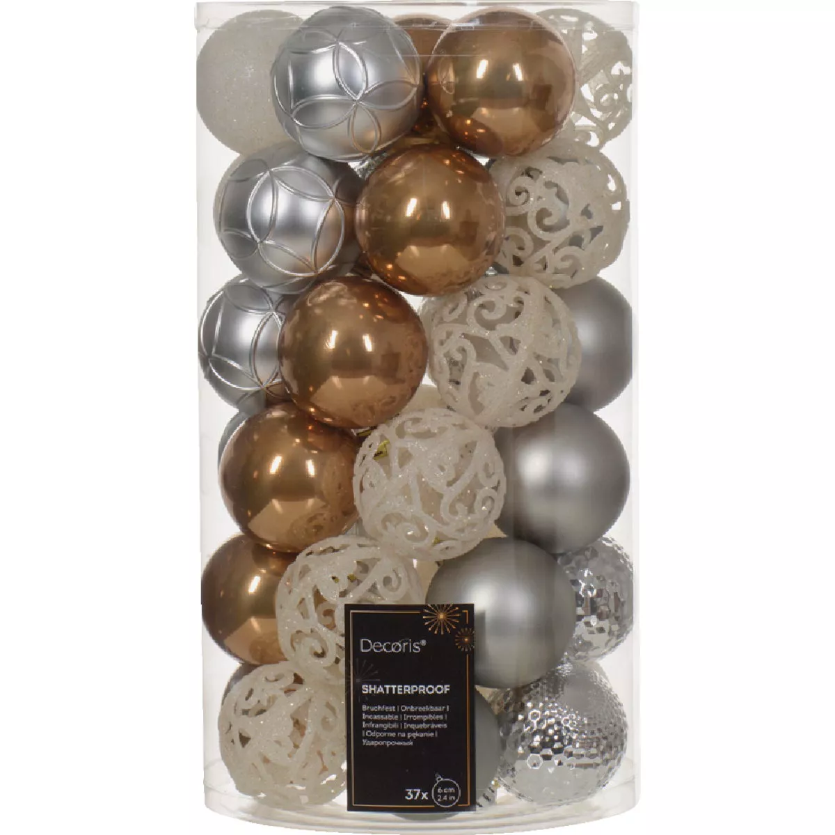 Decoris 2.4 In. Shatterproof Ginger Brown, Wool White, Marble Gray, Silver Bauble Christmas Ornament (37-Pack) - photo 2